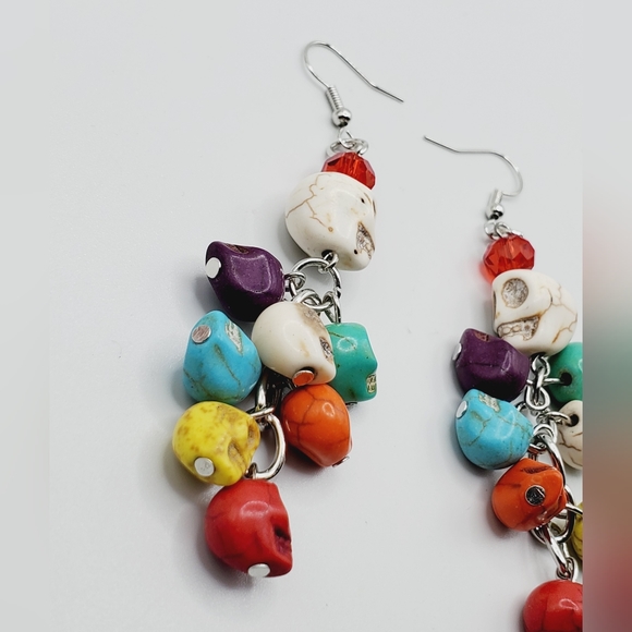 New natural stone day of the dead skull colorful earrings long - Picture 12 of 12